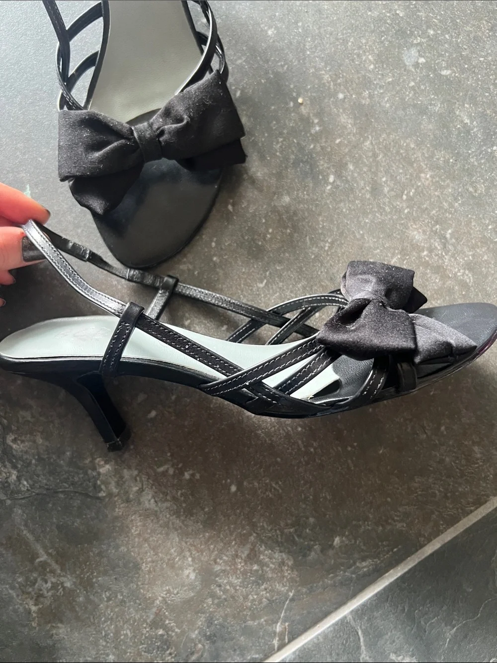 BCBG Paris leather and satin Black Bow Slingback kitten Heels